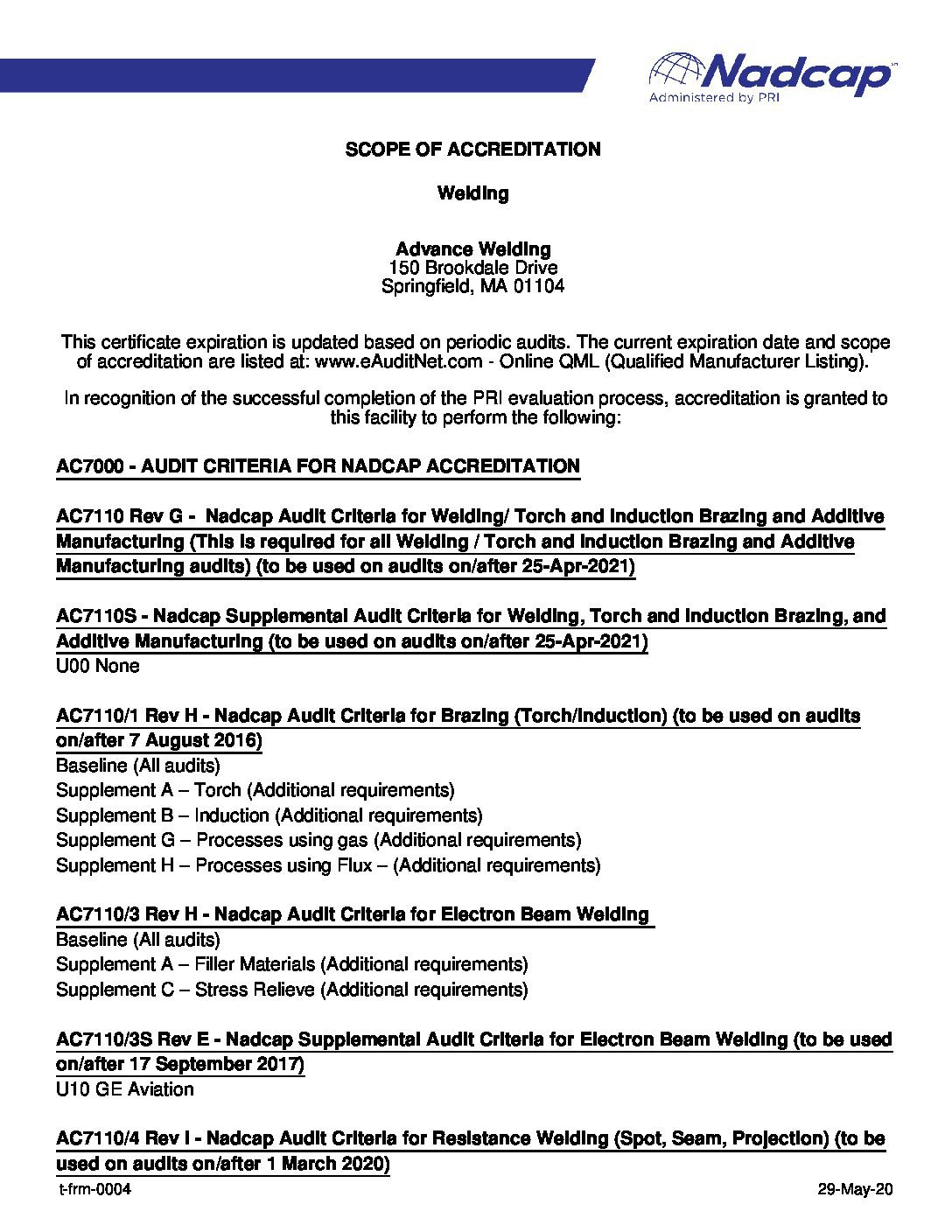 Advance Welding NADCAP Scope of Accreditation