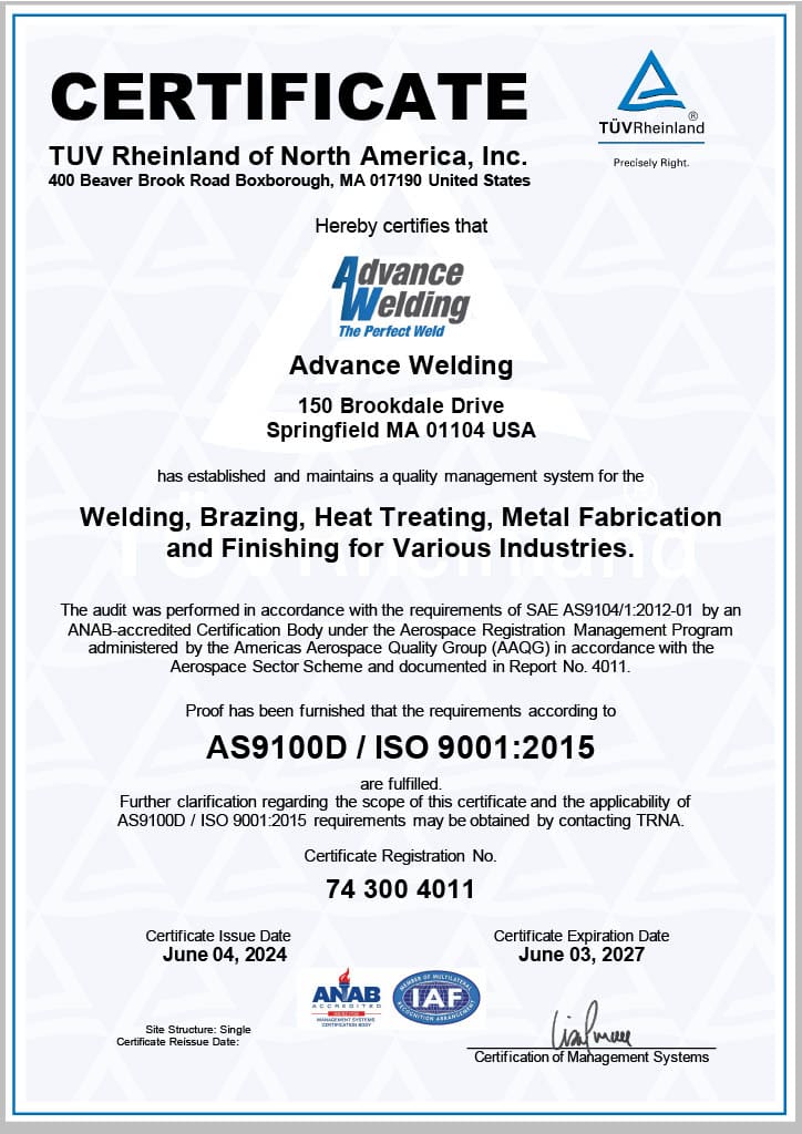 Advance Welding AS9100 Certification
