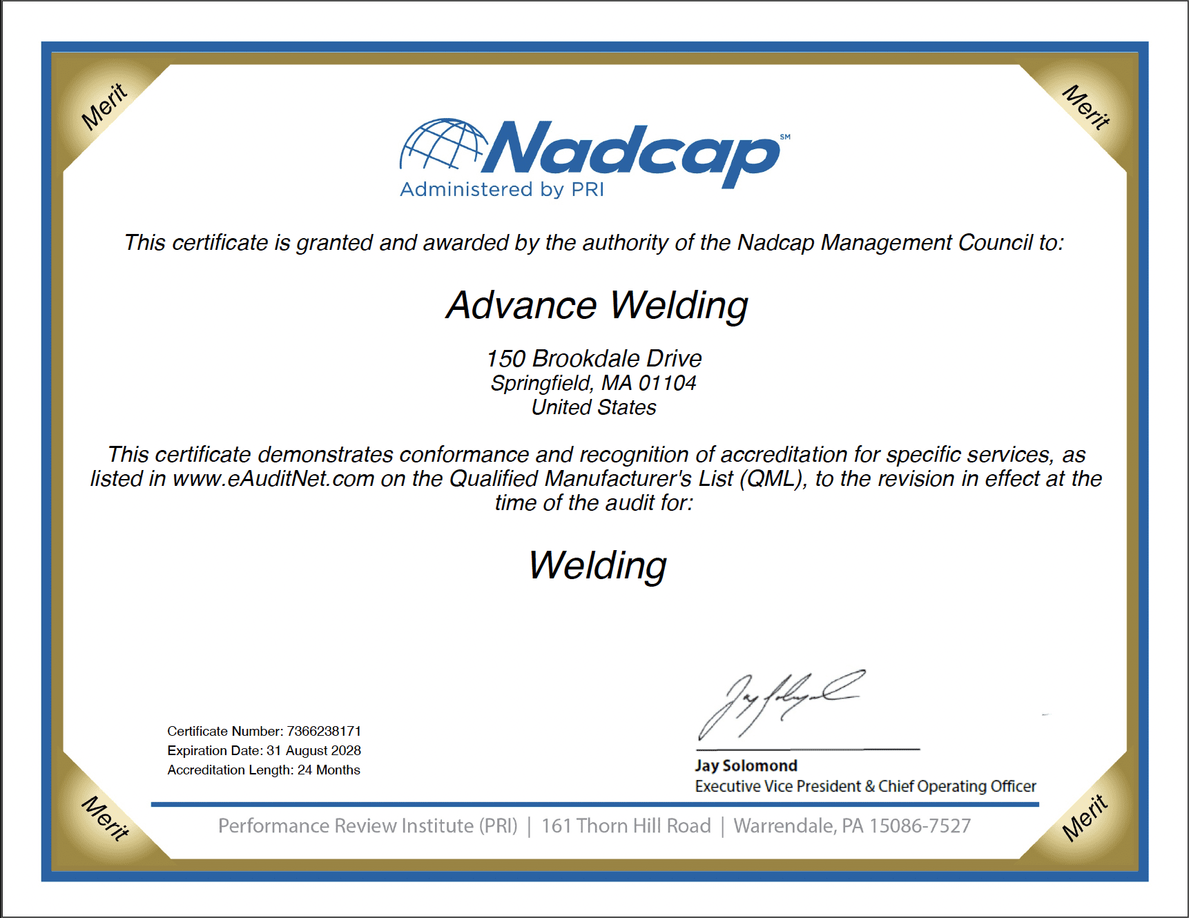 NADCAP Certification 2026 Advance Welding NADCAP Certification logo
