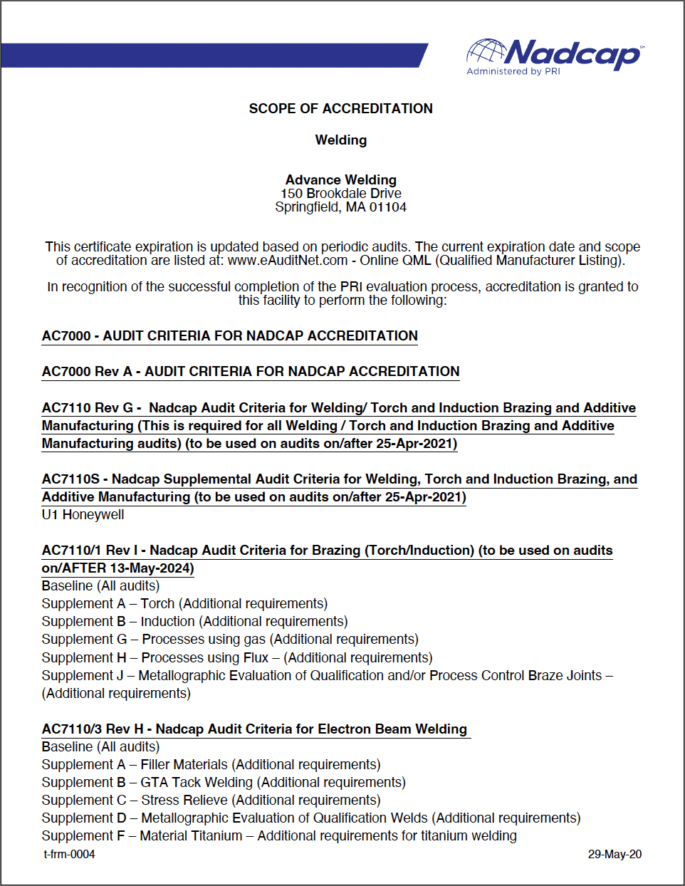 NADCAP Scope of Accreditation 2026 Advance Welding NADCAP Scope of Accreditation
